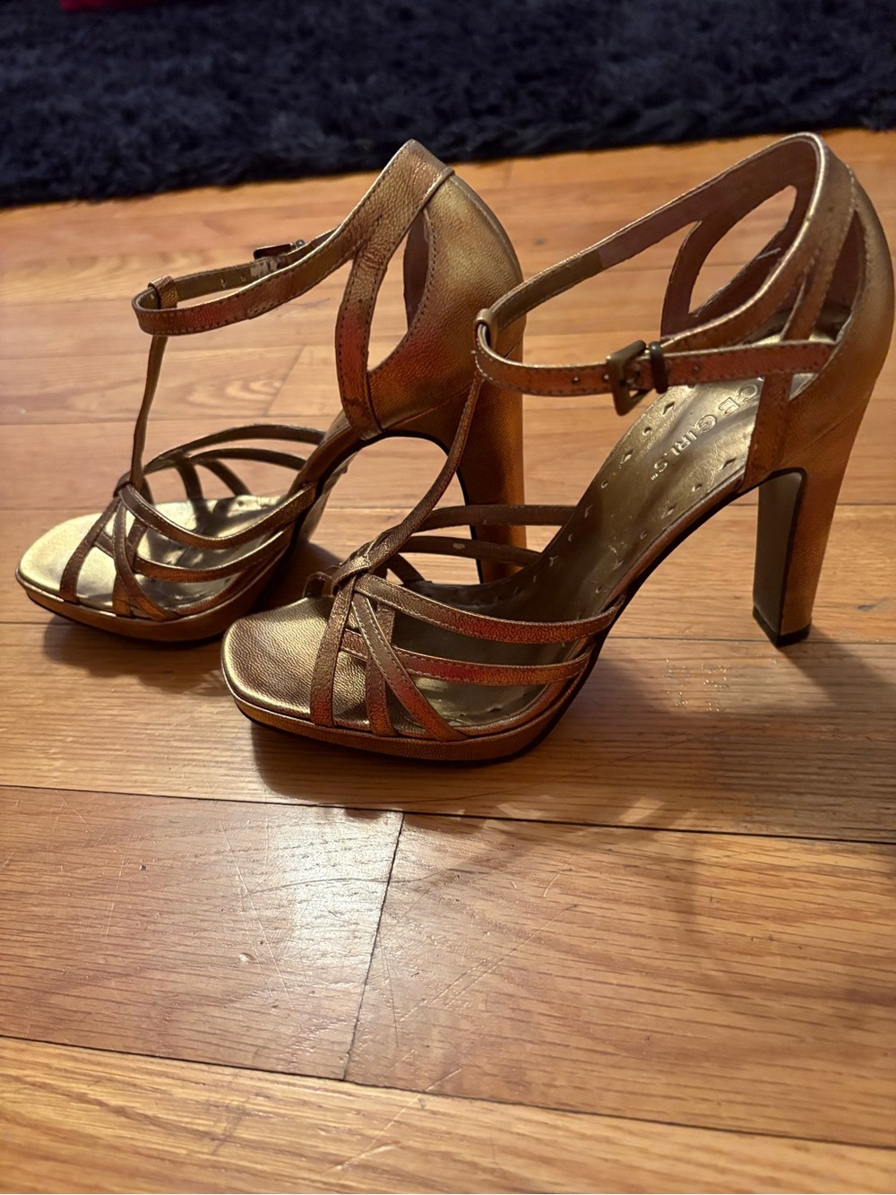 BCBGirls Metallic Bronze Strappy T‑Bar High Heel Sandals